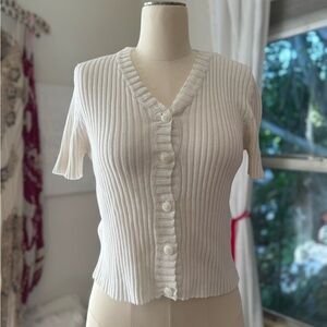 Vintage Ann Taylor Ivory Ribbed Knit Short Sleeve Button Down Sweater Cardigan